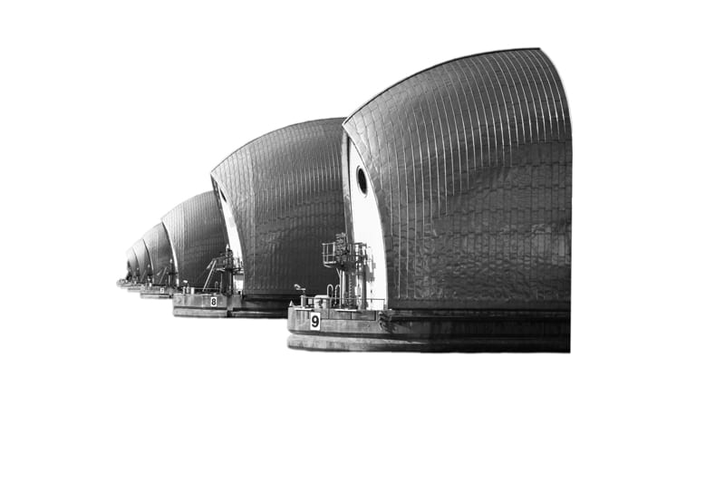 Five gates from the Thames Flood Barrier